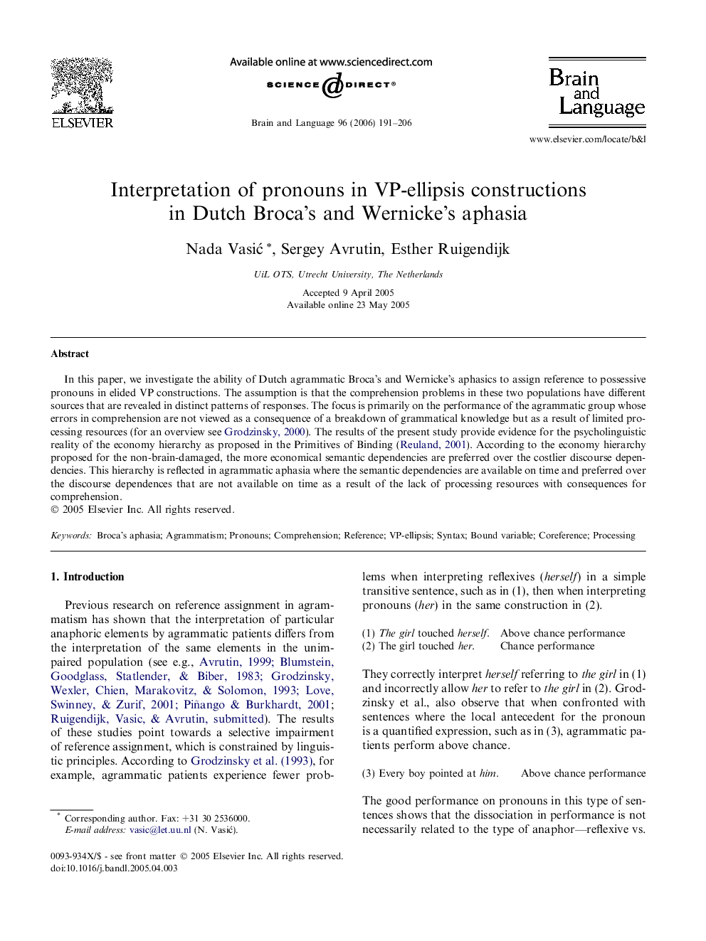 Interpretation of pronouns in VP-ellipsis constructions in Dutch Broca’s and Wernicke’s aphasia