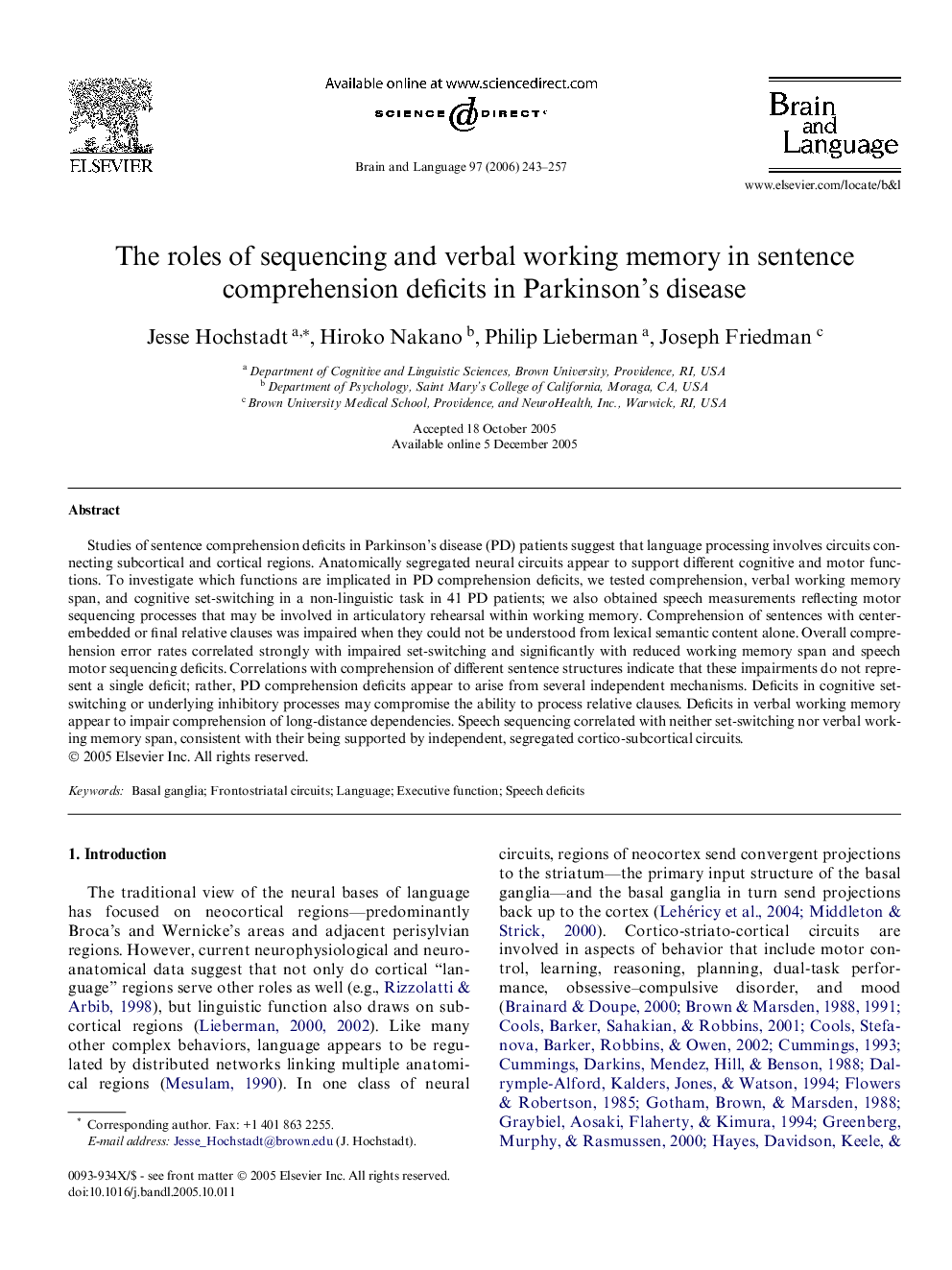 The roles of sequencing and verbal working memory in sentence comprehension deficits in Parkinson’s disease