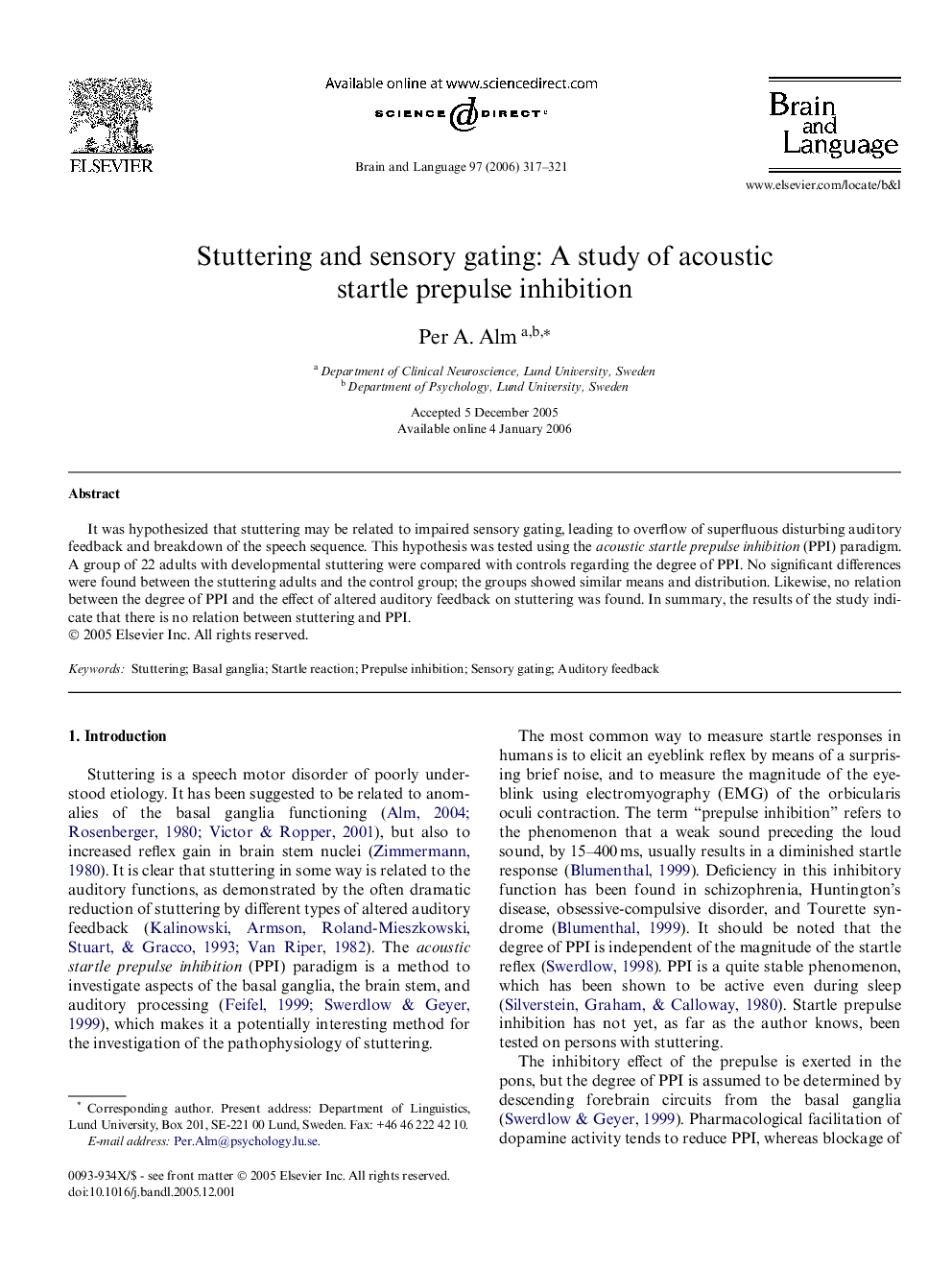 Stuttering and sensory gating: A study of acoustic startle prepulse inhibition