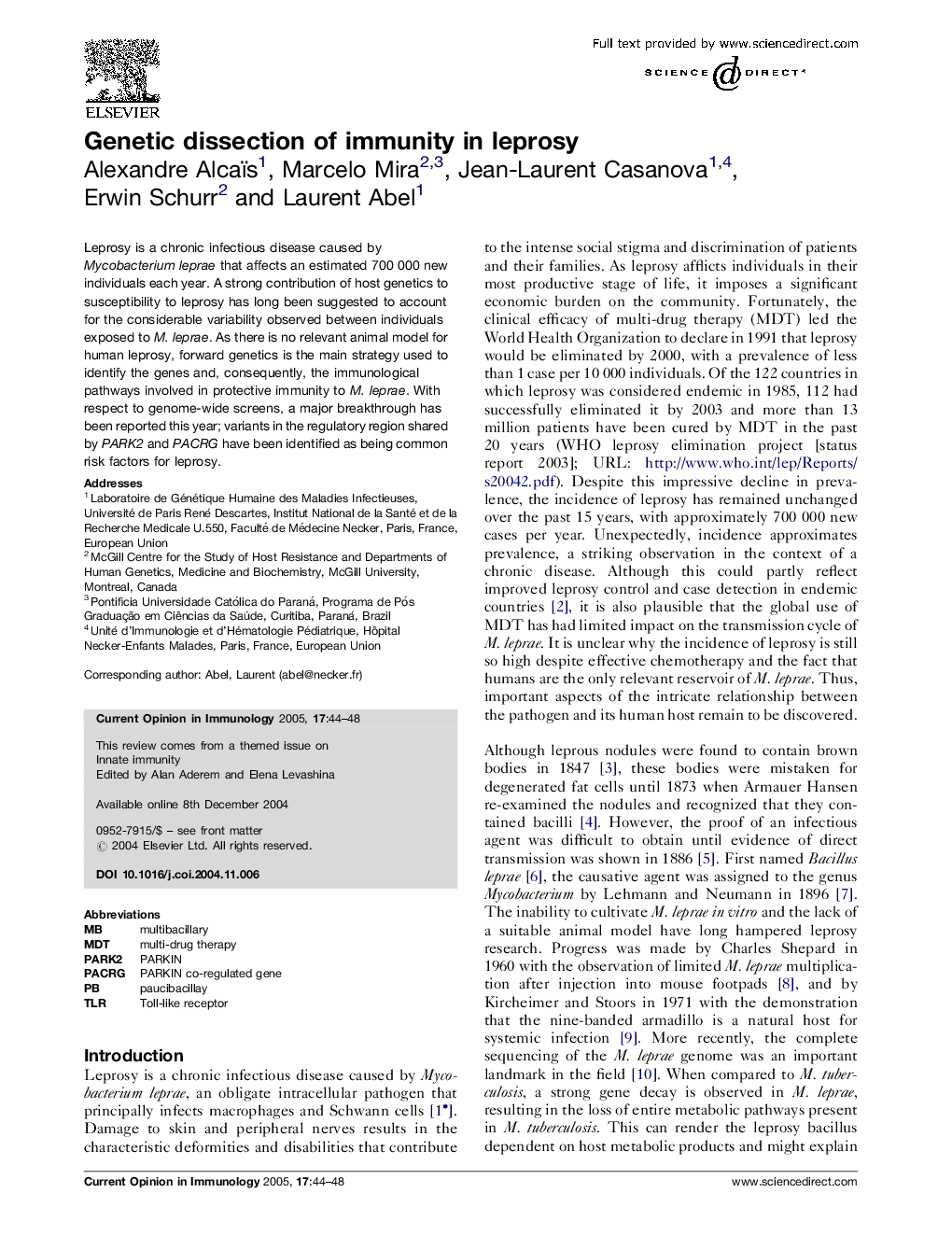 Genetic dissection of immunity in leprosy