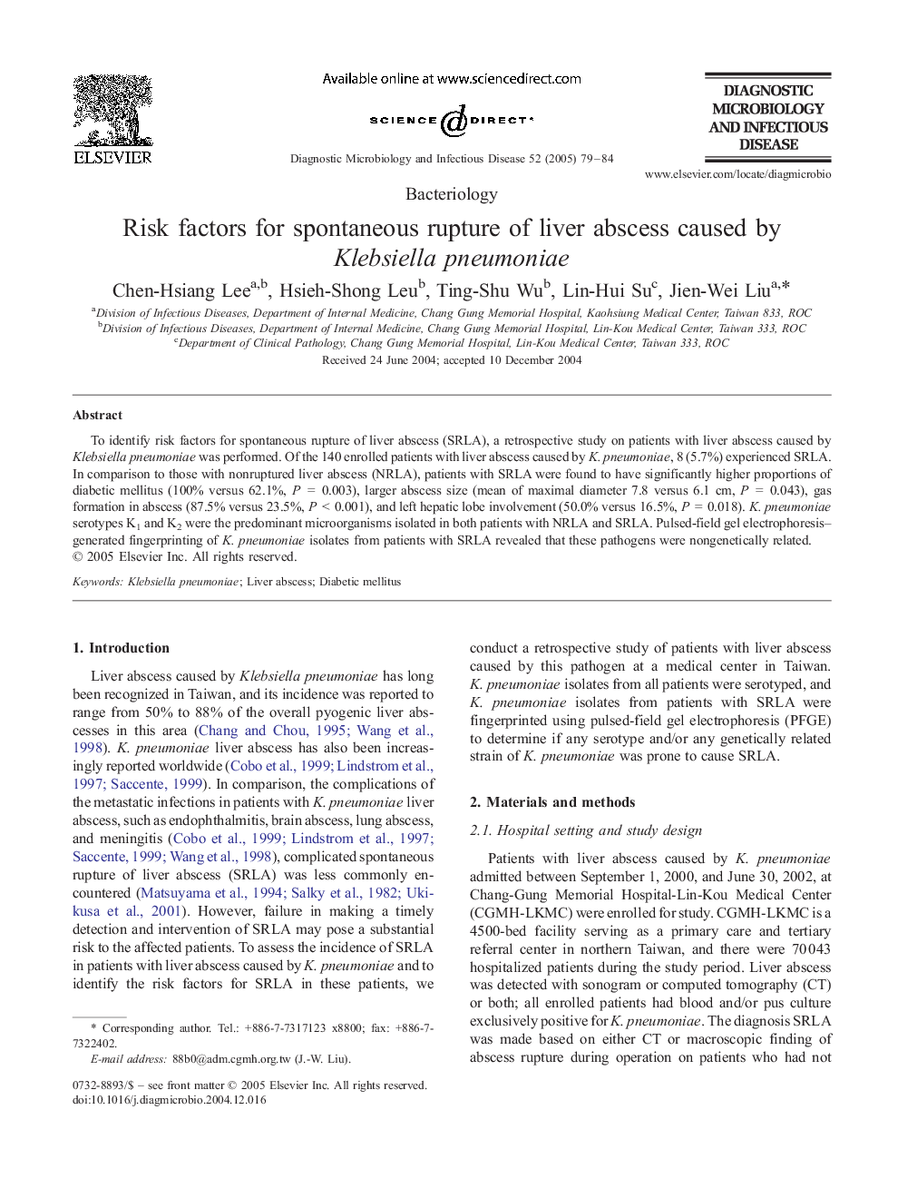 Risk factors for spontaneous rupture of liver abscess caused by Klebsiella pneumoniae