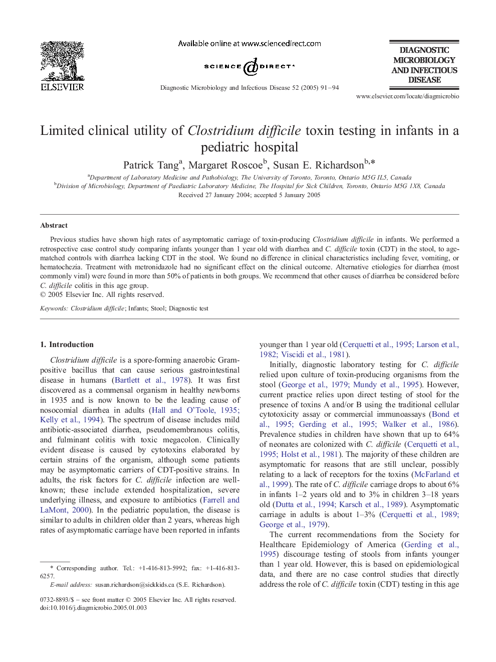 عکس صفحه اول مقاله: Limited clinical utility of Clostridium difficile toxin testing in infants in a pediatric hospital Limited clinical utility of Clostridium difficile toxin testing in infants in a pediatric hospital