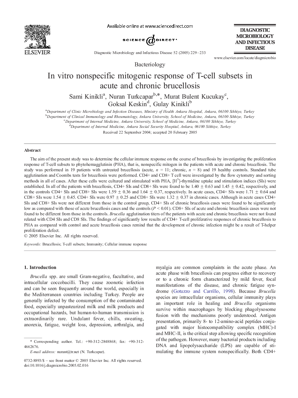 In vitro nonspecific mitogenic response of T-cell subsets in acute and chronic brucellosis