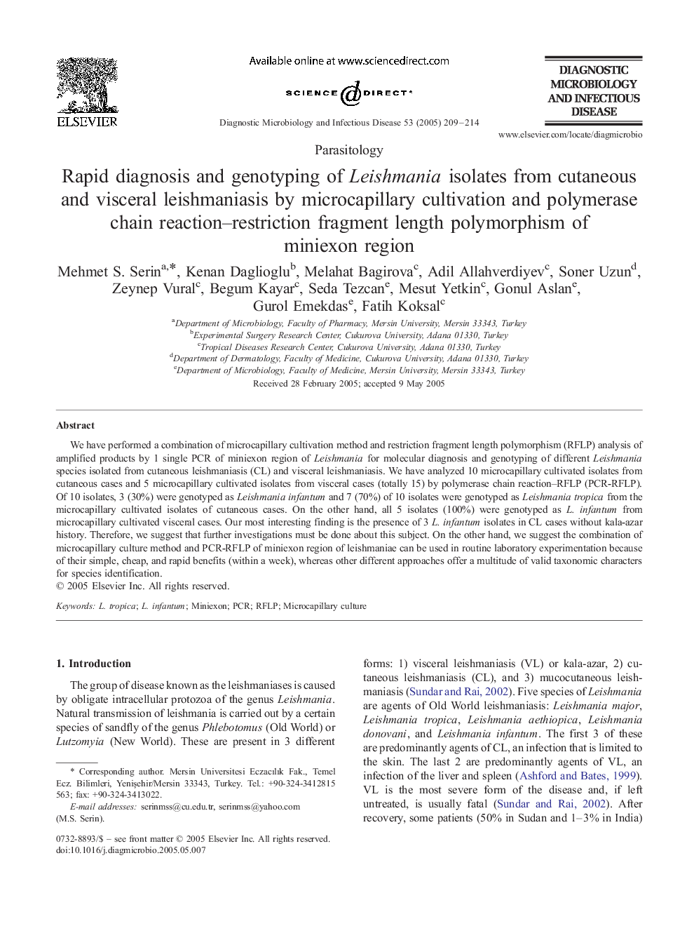 Rapid diagnosis and genotyping of Leishmania isolates from cutaneous and visceral leishmaniasis by microcapillary cultivation and polymerase chain reaction-restriction fragment length polymorphism of miniexon region