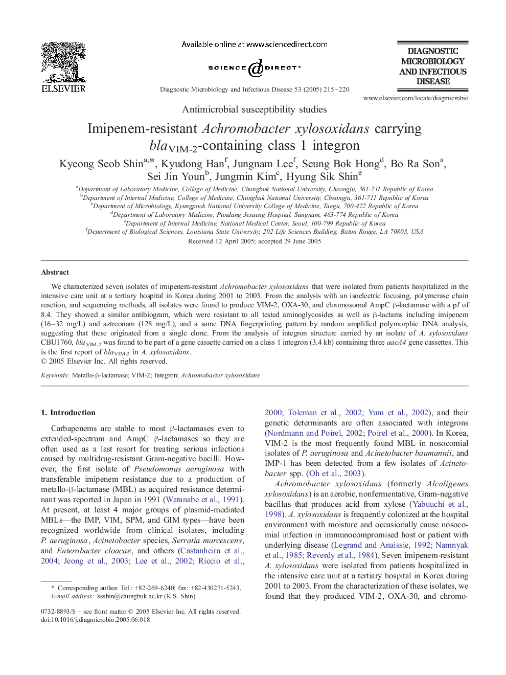 Imipenem-resistant Achromobacter xylosoxidans carrying blaVIM-2-containing class 1 integron