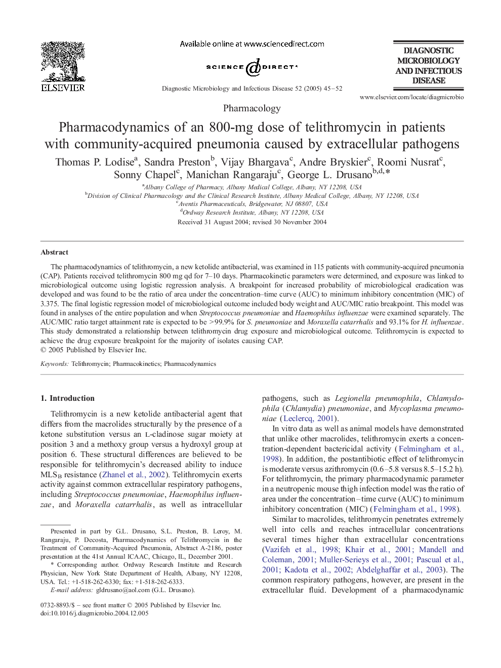 Pharmacodynamics of an 800-mg dose of telithromycin in patients with community-acquired pneumonia caused by extracellular pathogens