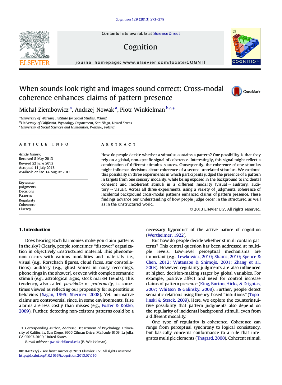 When sounds look right and images sound correct: Cross-modal coherence enhances claims of pattern presence