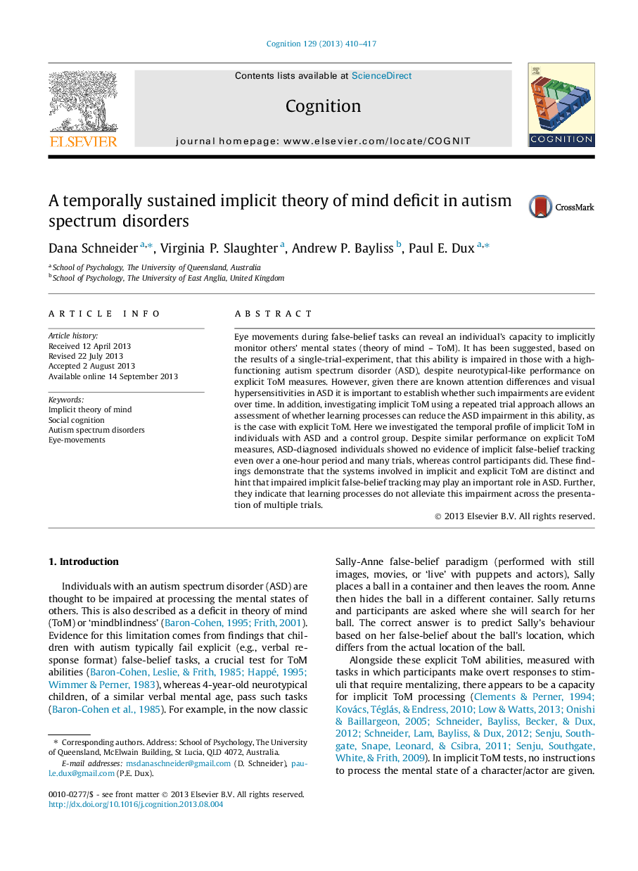 A temporally sustained implicit theory of mind deficit in autism spectrum disorders