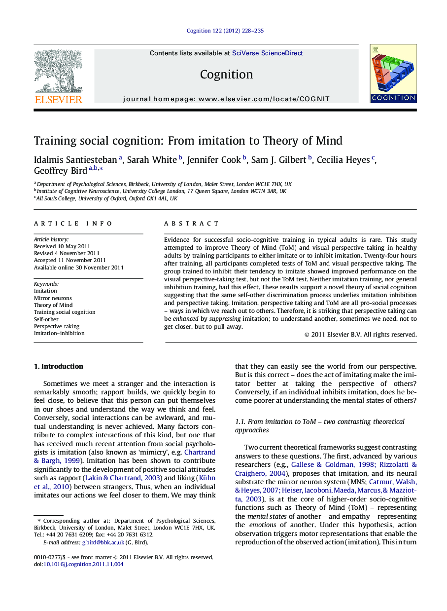 Training social cognition: From imitation to Theory of Mind