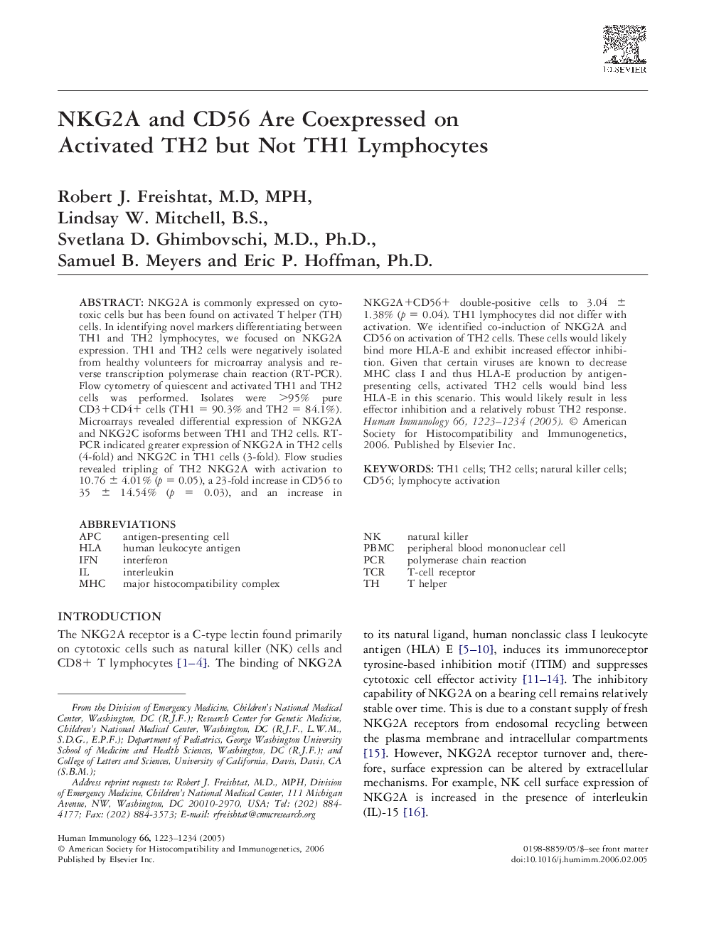 NKG2A and CD56 Are Coexpressed on Activated TH2 but Not TH1 Lymphocytes