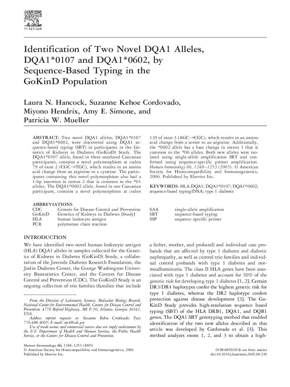 Identification of Two Novel DQA1 Alleles, DQA1*0107 and DQA1*0602, by Sequence-Based Typing in the GoKinD Population