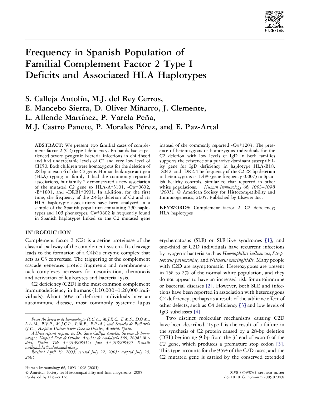 Frequency in Spanish Population of Familial Complement Factor 2 Type I Deficits and Associated HLA Haplotypes