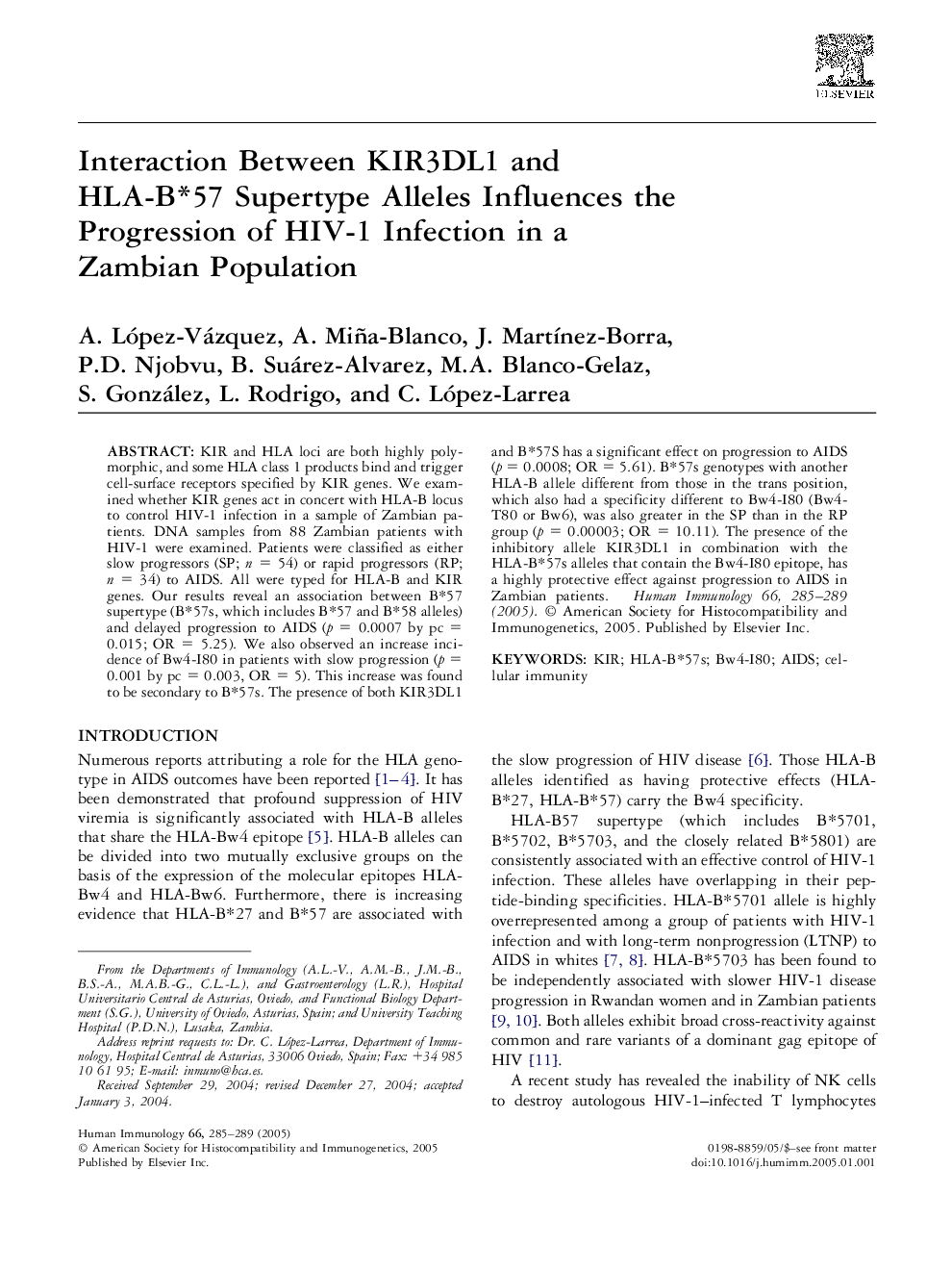 Interaction between KIR3DL1 and HLA-B*57 supertype alleles influences the progression of HIV-1 infection in a Zambian population