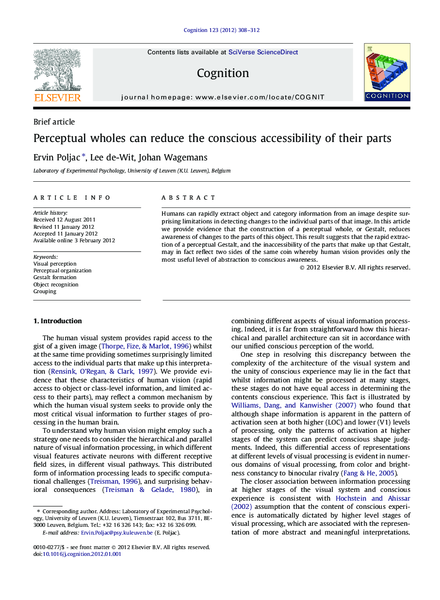 Perceptual wholes can reduce the conscious accessibility of their parts