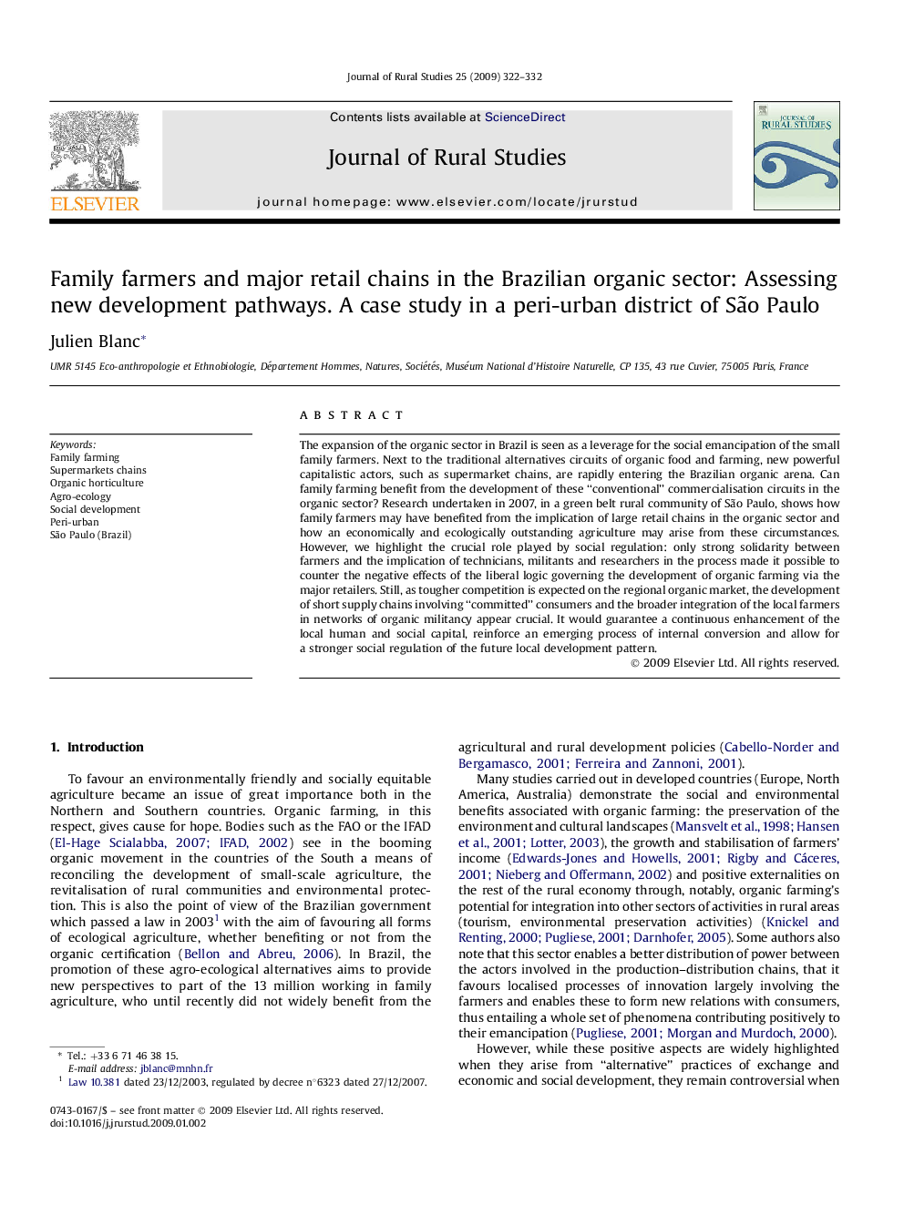 Family farmers and major retail chains in the Brazilian organic sector: Assessing new development pathways. A case study in a peri-urban district of São Paulo