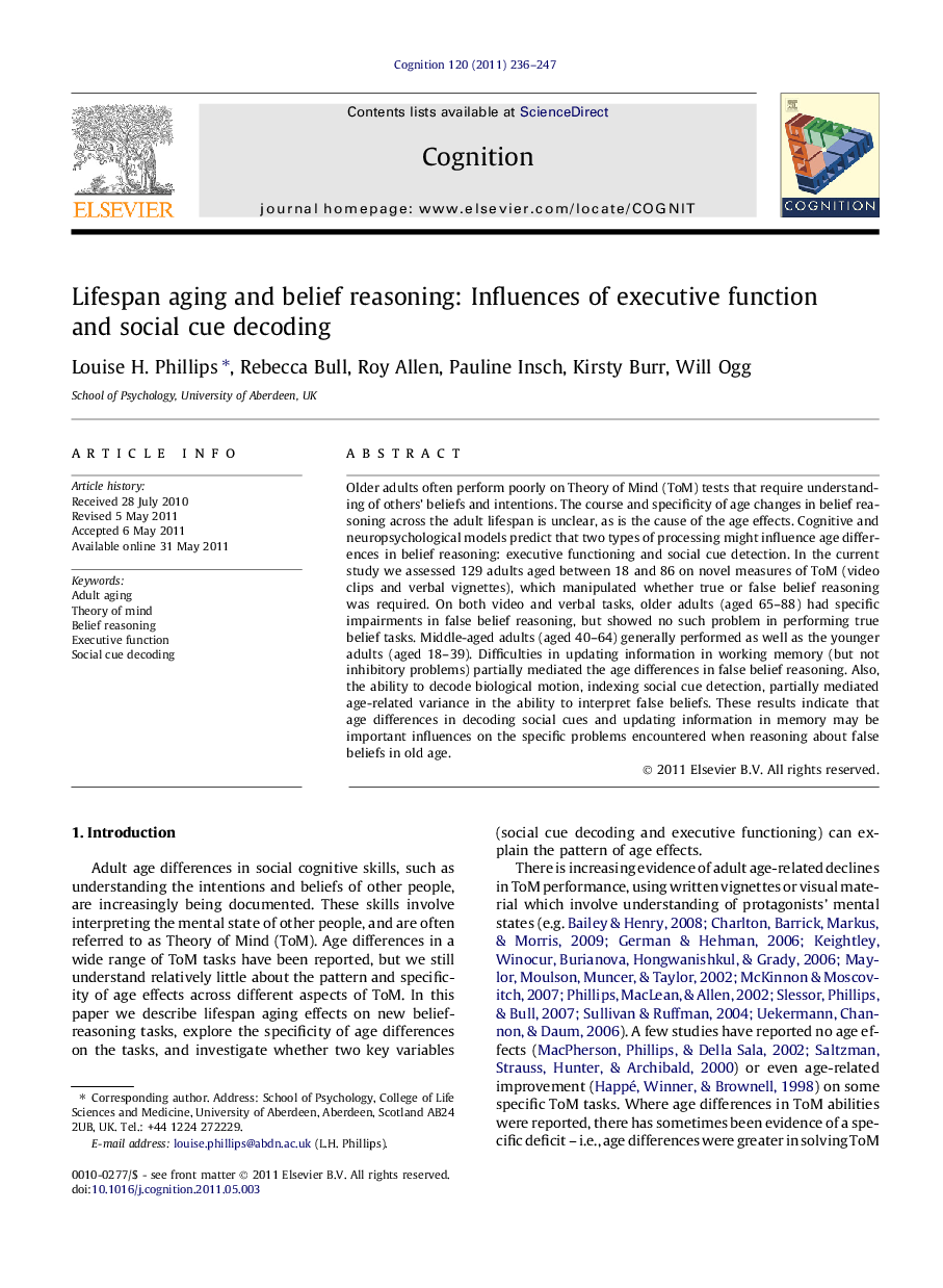 Lifespan aging and belief reasoning: Influences of executive function and social cue decoding