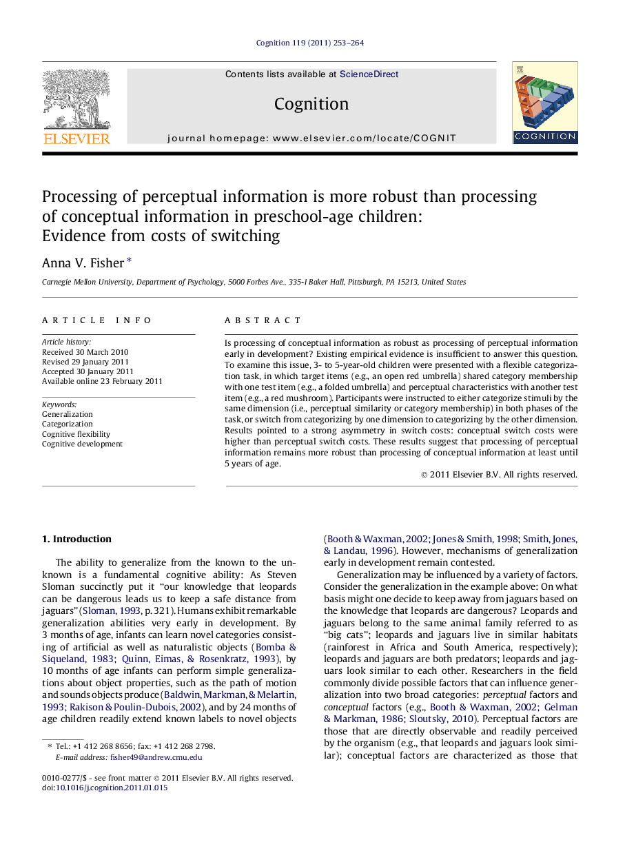 Processing of perceptual information is more robust than processing of conceptual information in preschool-age children: Evidence from costs of switching