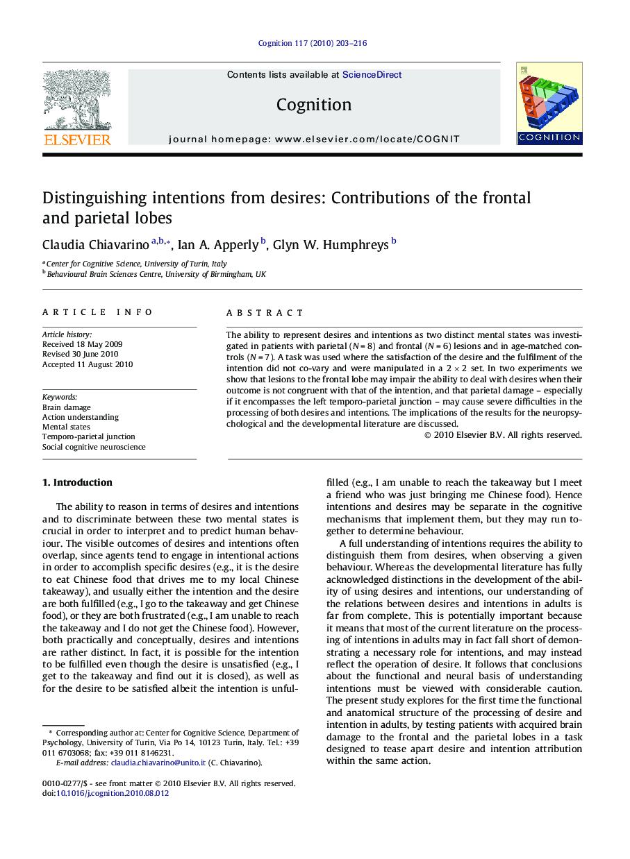 Distinguishing intentions from desires: Contributions of the frontal and parietal lobes