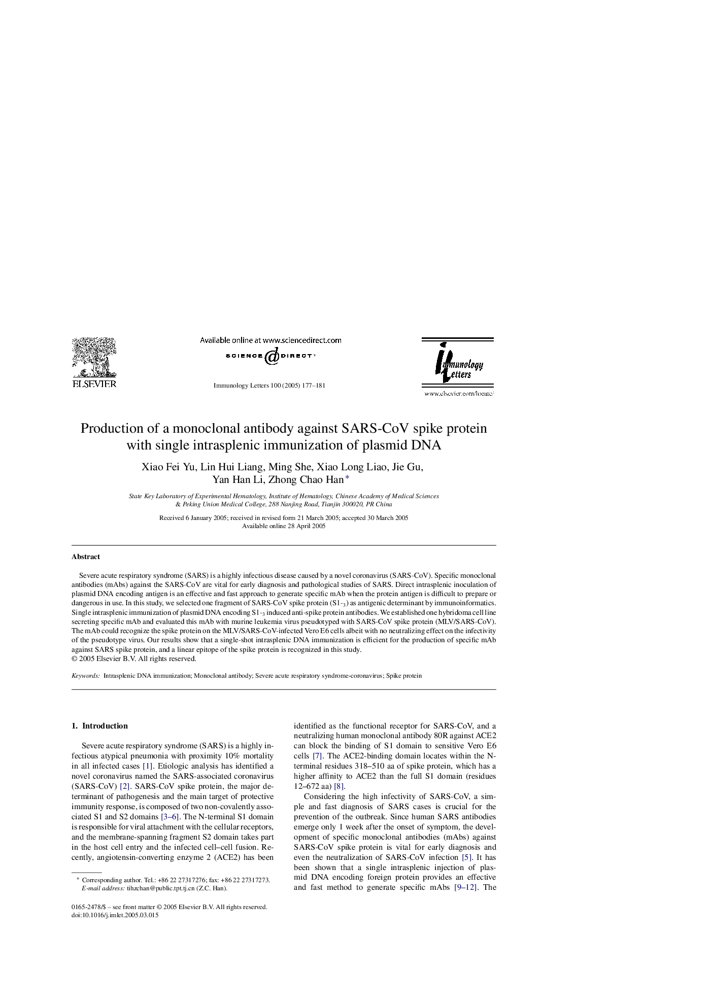 Production of a monoclonal antibody against SARS-CoV spike protein with single intrasplenic immunization of plasmid DNA