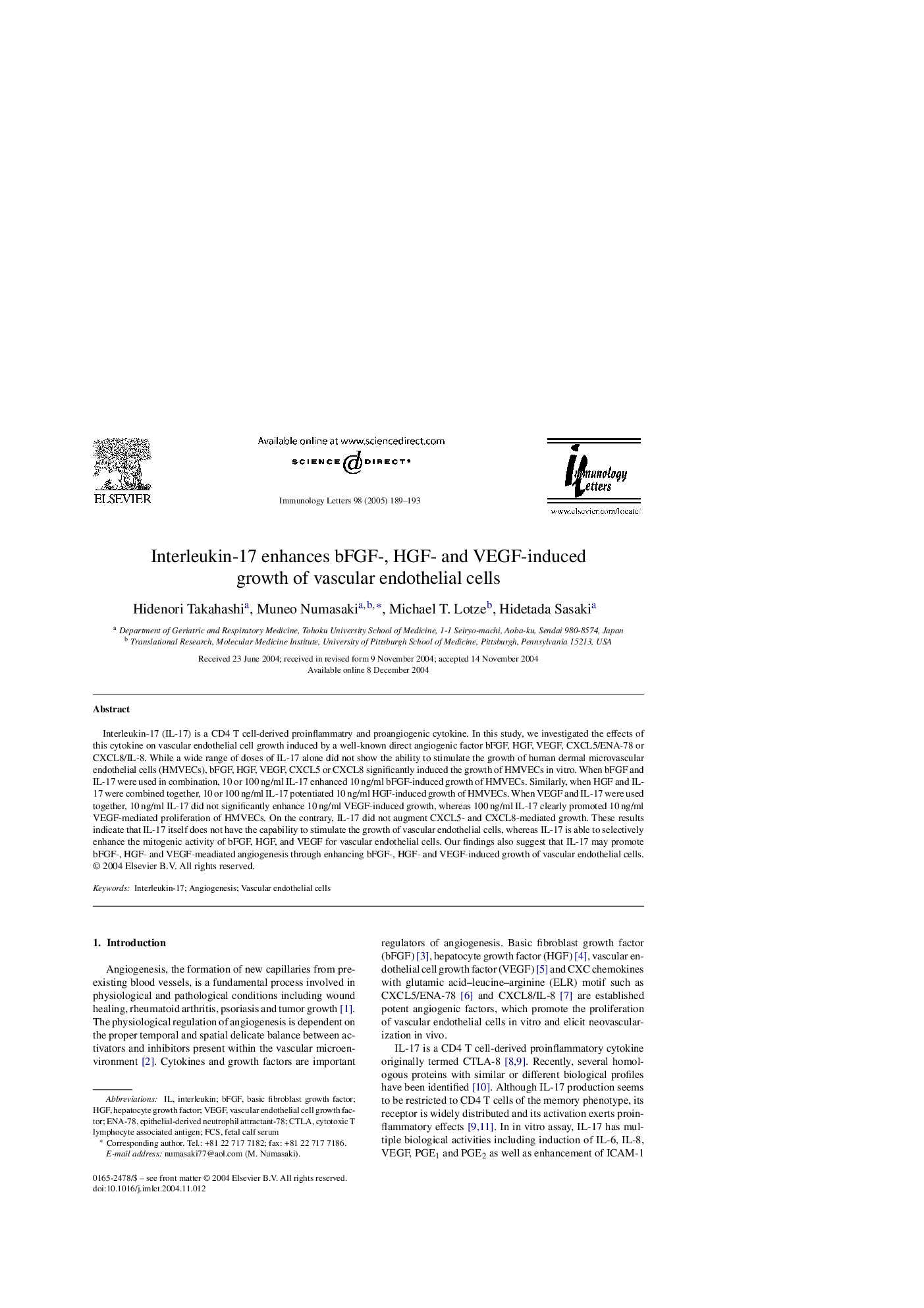 Interleukin-17 enhances bFGF-, HGF- and VEGF-induced growth of vascular endothelial cells