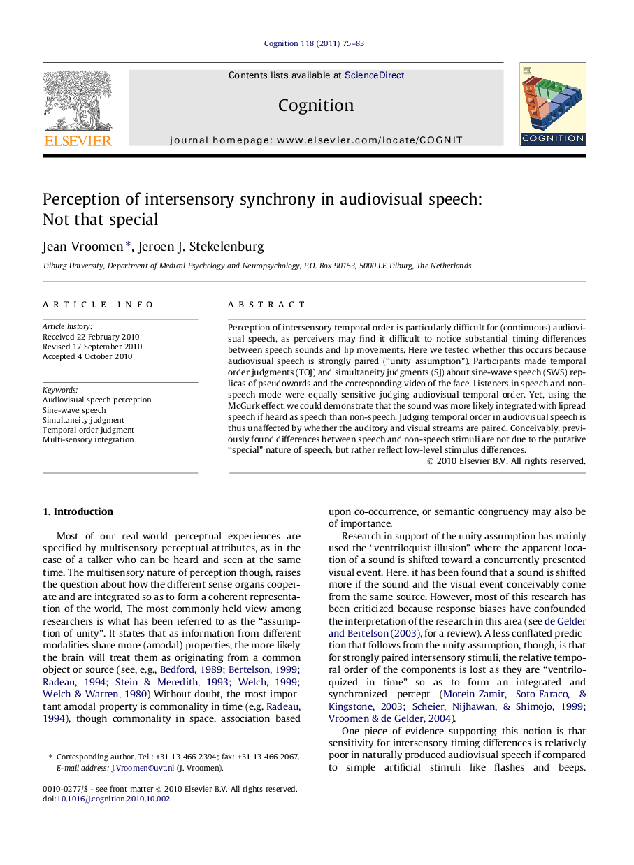 Perception of intersensory synchrony in audiovisual speech: Not that special