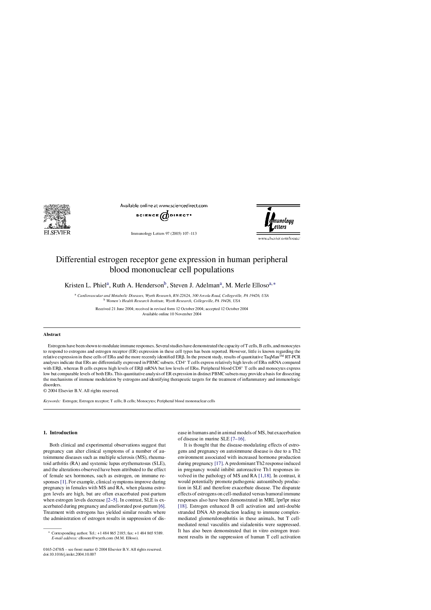 Differential estrogen receptor gene expression in human peripheral blood mononuclear cell populations