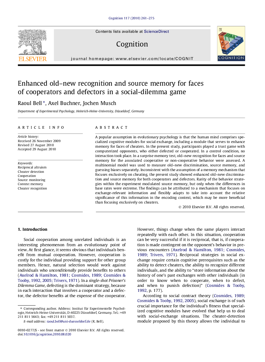 Enhanced old–new recognition and source memory for faces of cooperators and defectors in a social-dilemma game