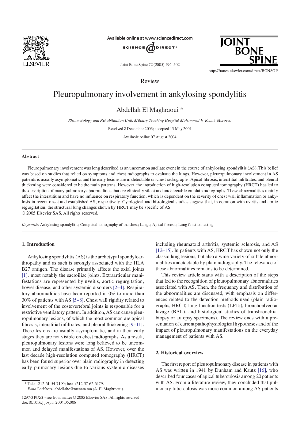 Pleuropulmonary involvement in ankylosing spondylitis