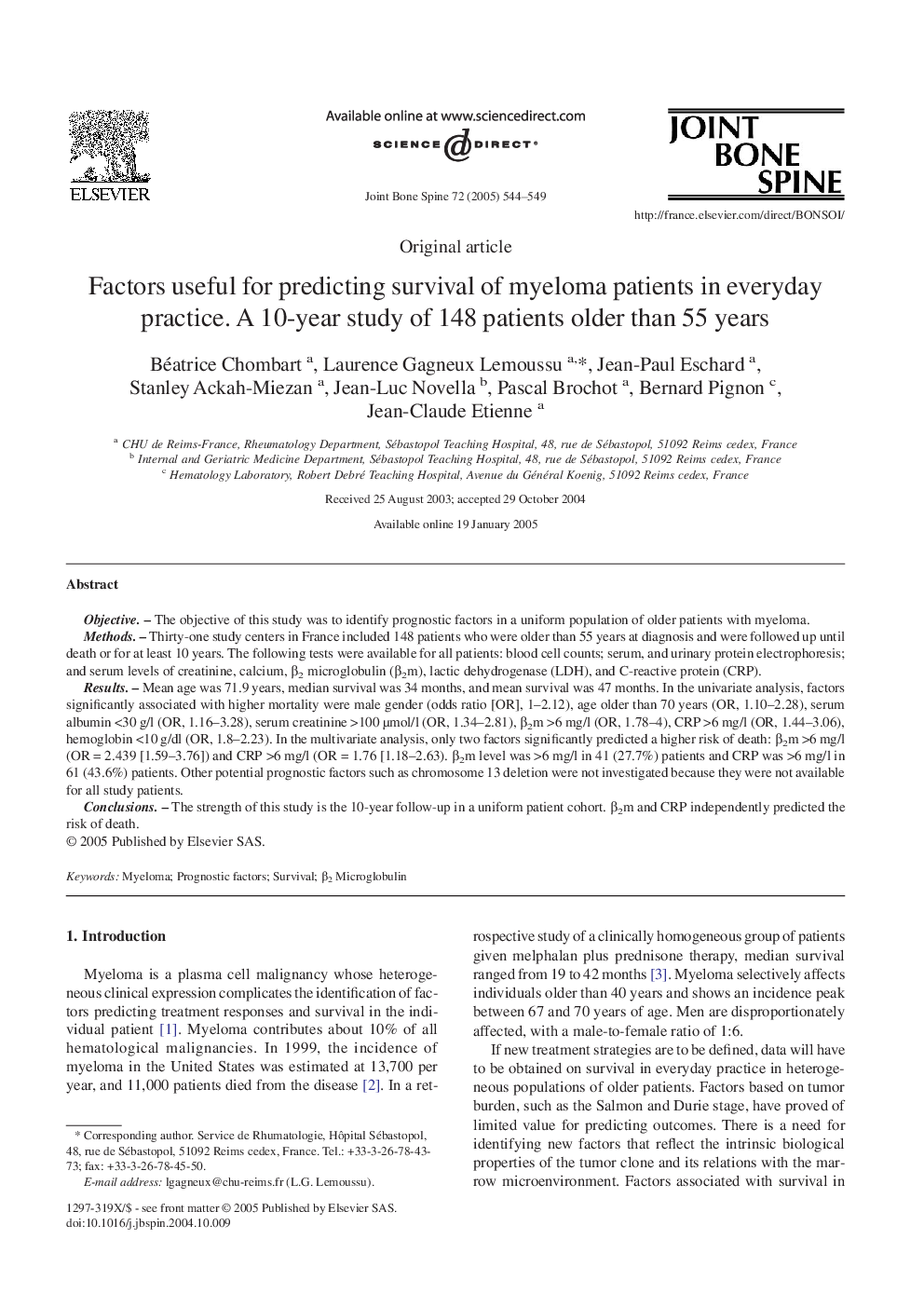 Factors useful for predicting survival of myeloma patients in everyday practice. A 10-year study of 148 patients older than 55 years