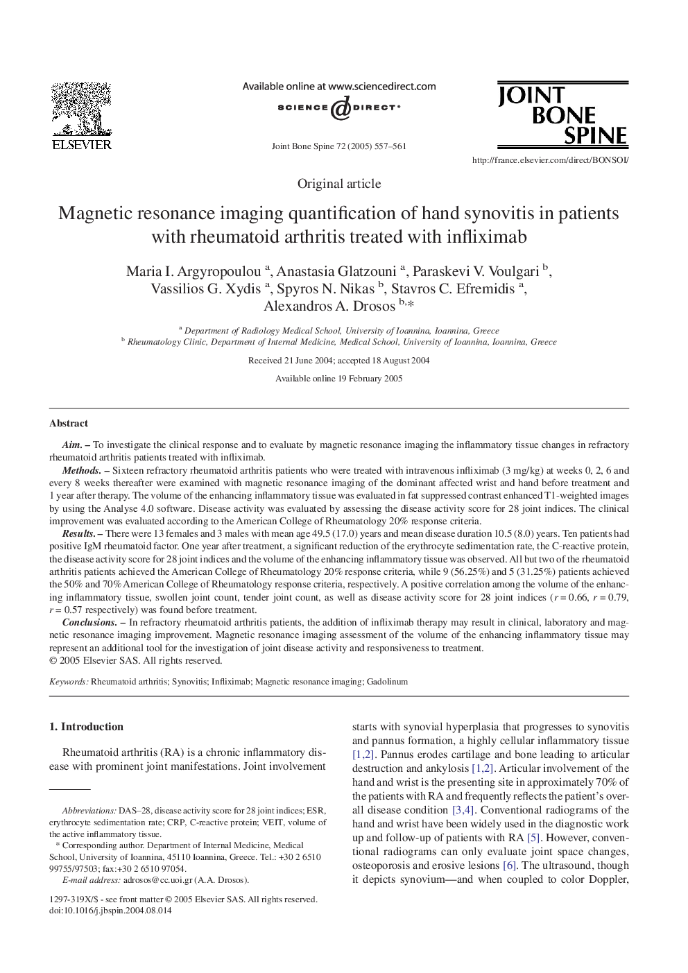 Magnetic resonance imaging quantification of hand synovitis in patients with rheumatoid arthritis treated with infliximab