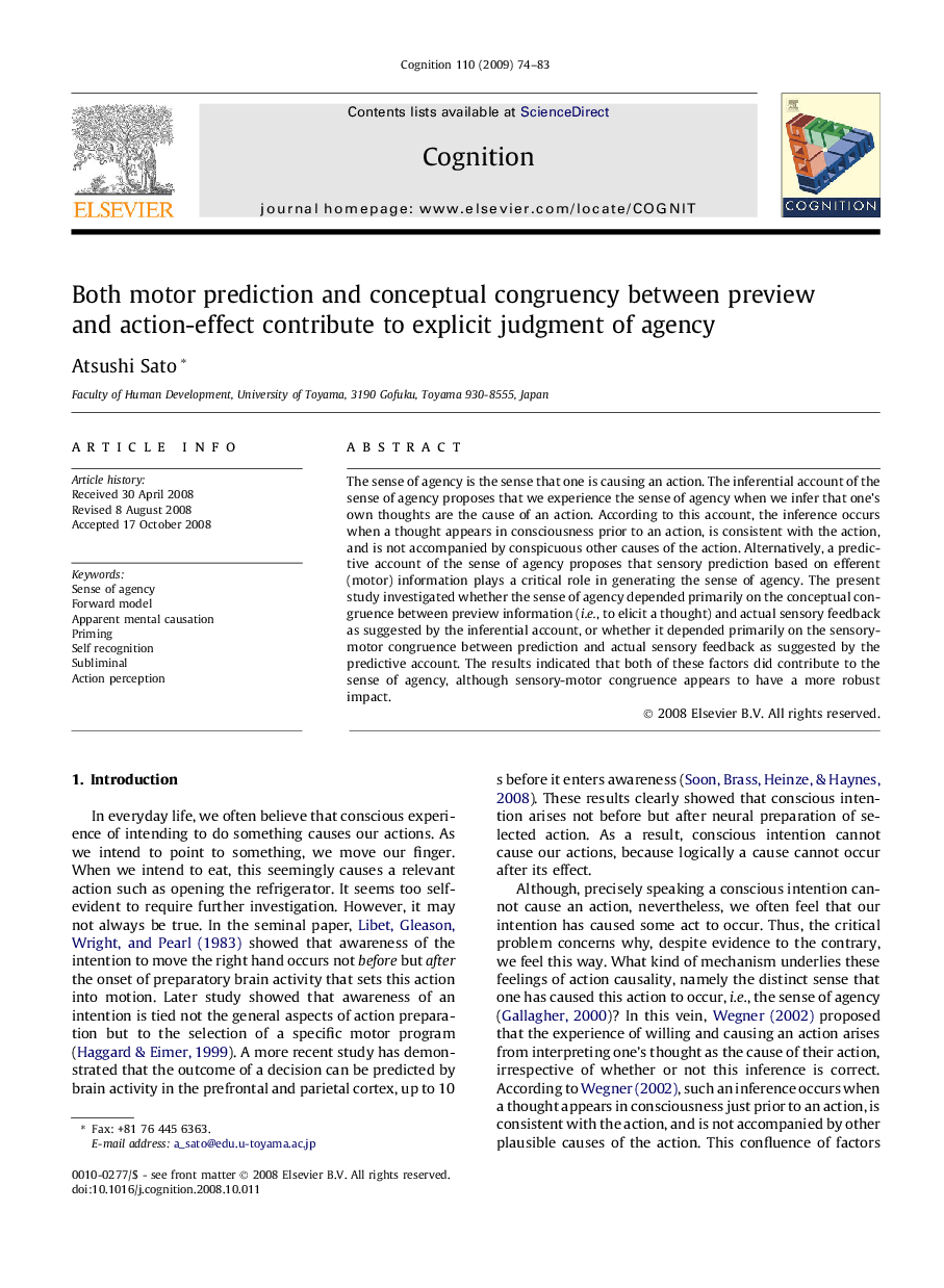 Both motor prediction and conceptual congruency between preview and action-effect contribute to explicit judgment of agency