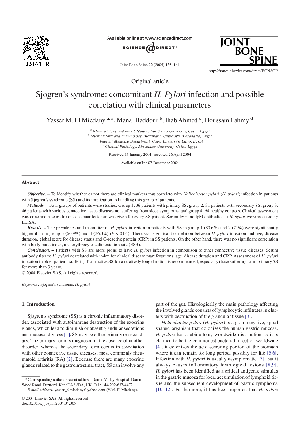 Sjogren's syndrome: concomitant H. Pylori infection and possible correlation with clinical parameters