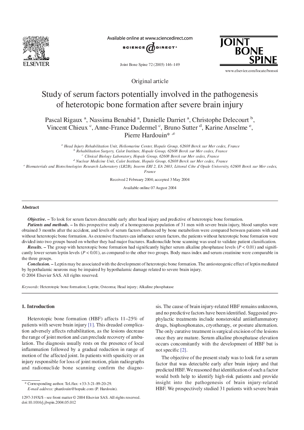 Study of serum factors potentially involved in the pathogenesis of heterotopic bone formation after severe brain injury