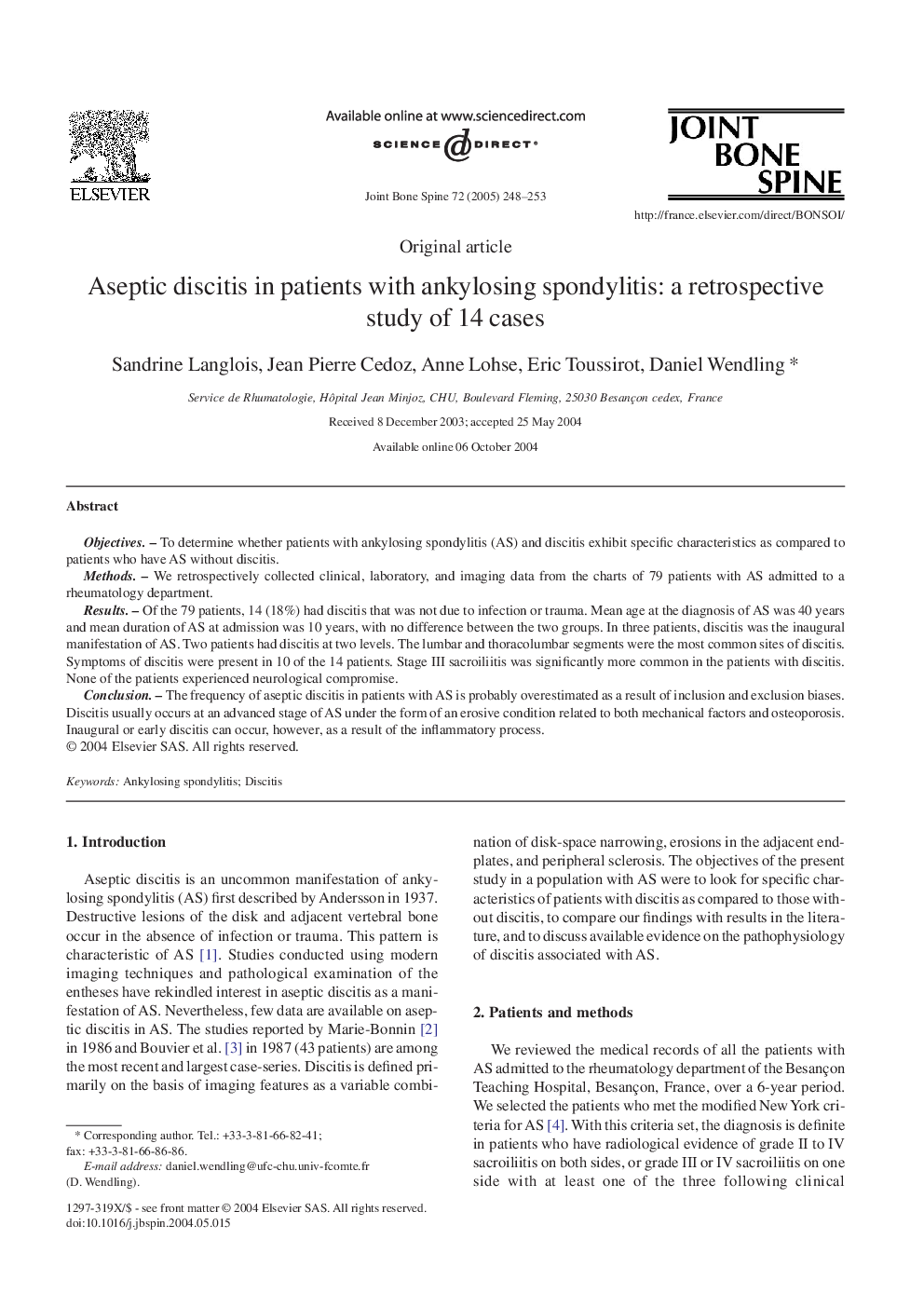 Aseptic discitis in patients with ankylosing spondylitis: a retrospective study of 14 cases