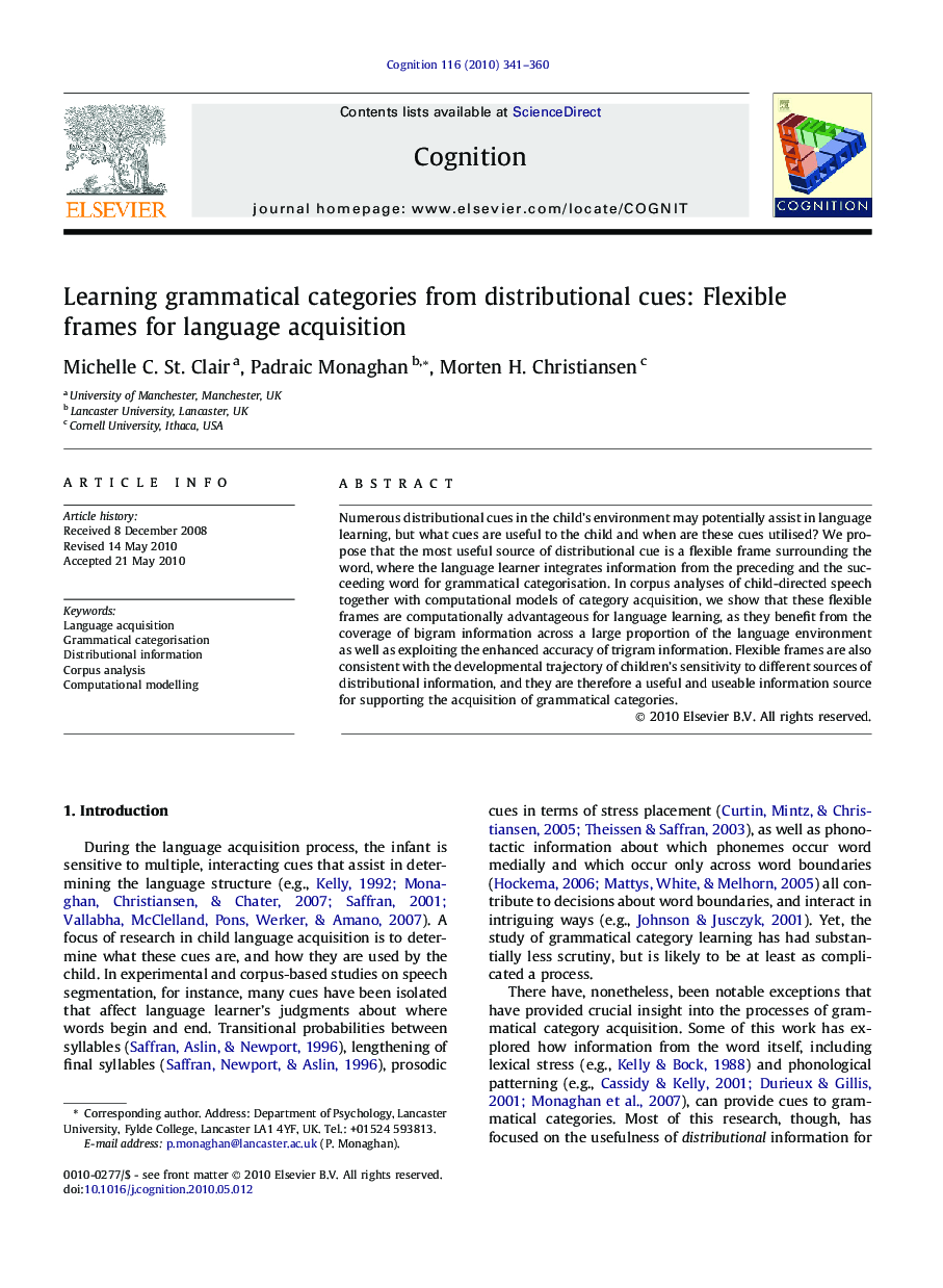 Learning grammatical categories from distributional cues: Flexible frames for language acquisition