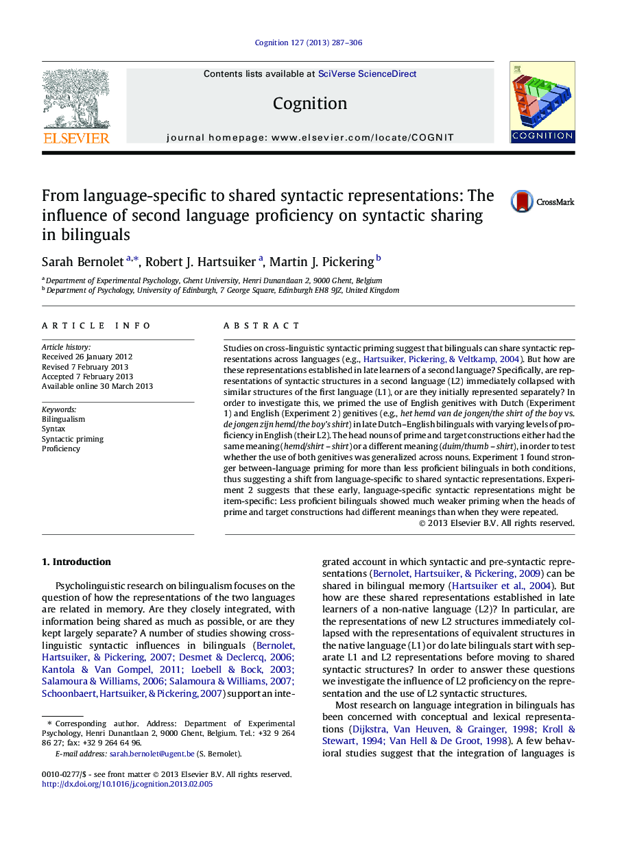 From language-specific to shared syntactic representations: The influence of second language proficiency on syntactic sharing in bilinguals