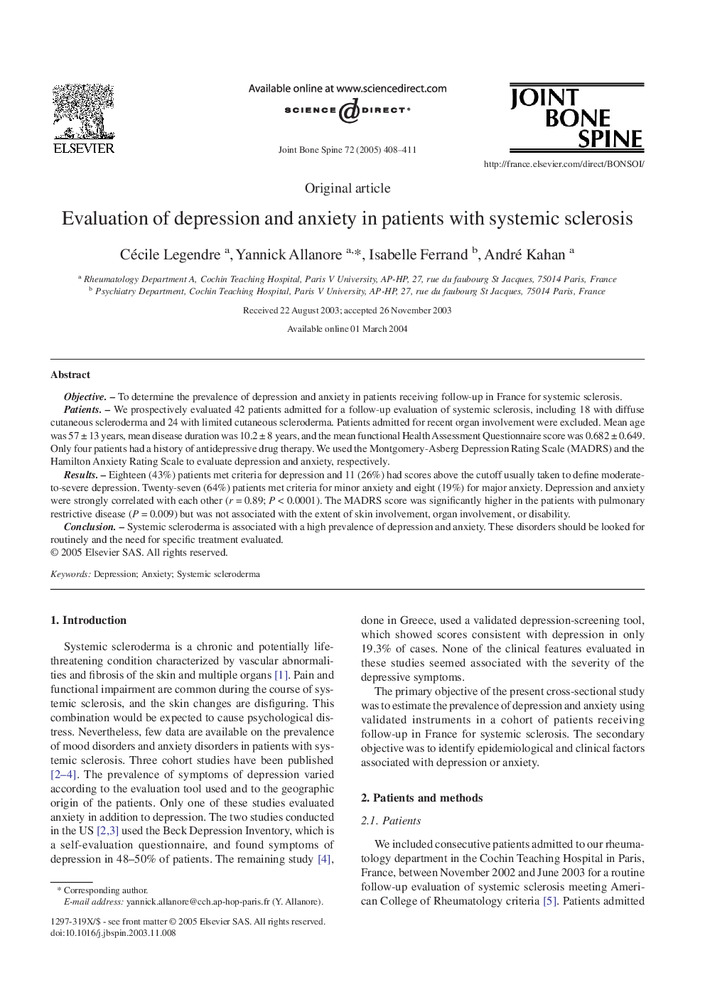 Evaluation of depression and anxiety in patients with systemic sclerosis