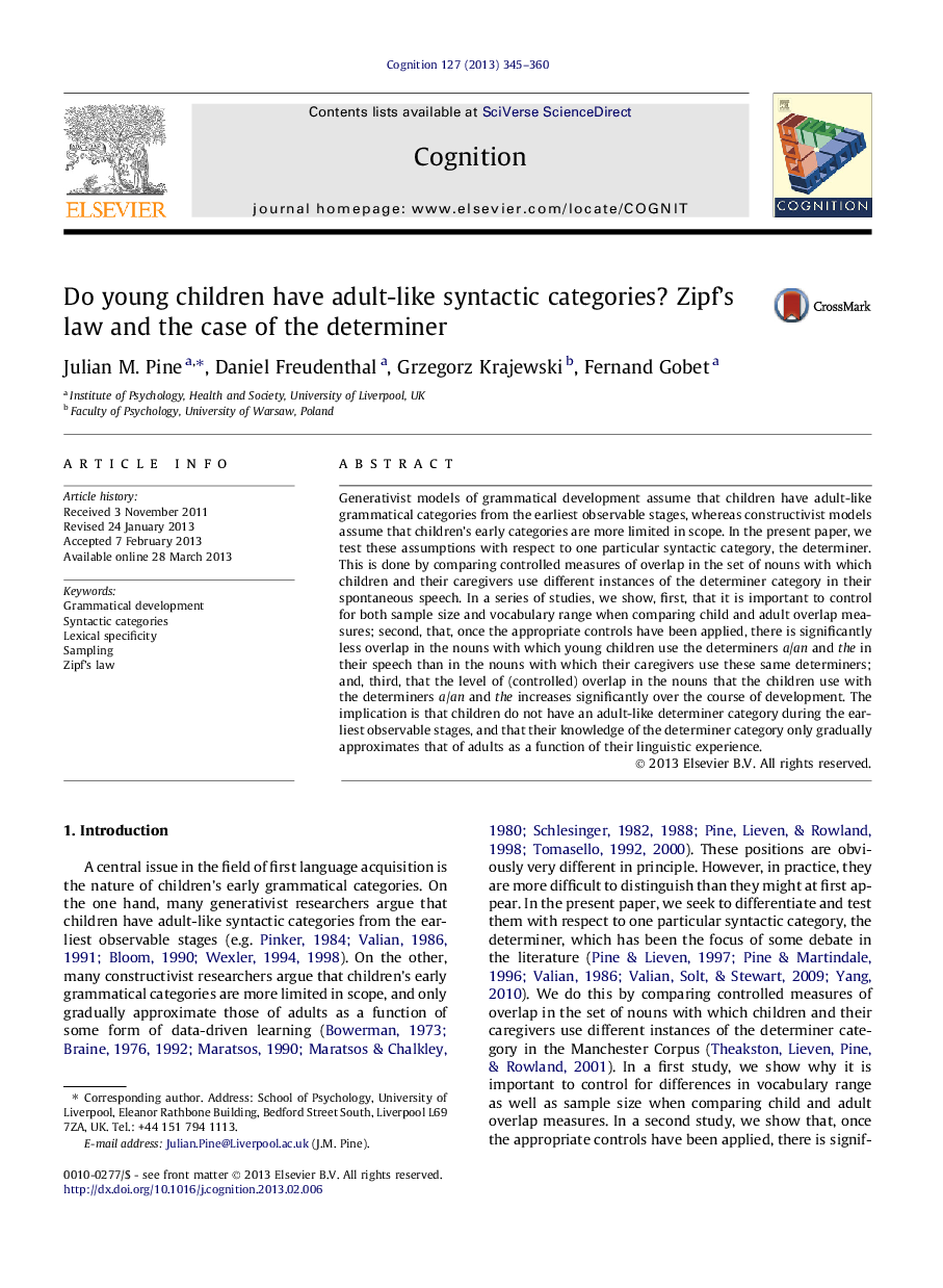 Do young children have adult-like syntactic categories? Zipf’s law and the case of the determiner