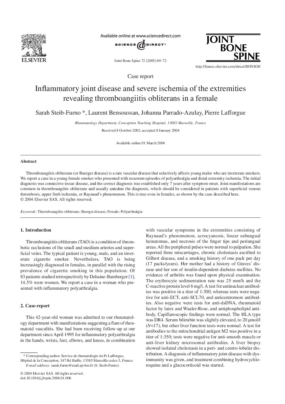 Inflammatory joint disease and severe ischemia of the extremities revealing thromboangiitis obliterans in a female