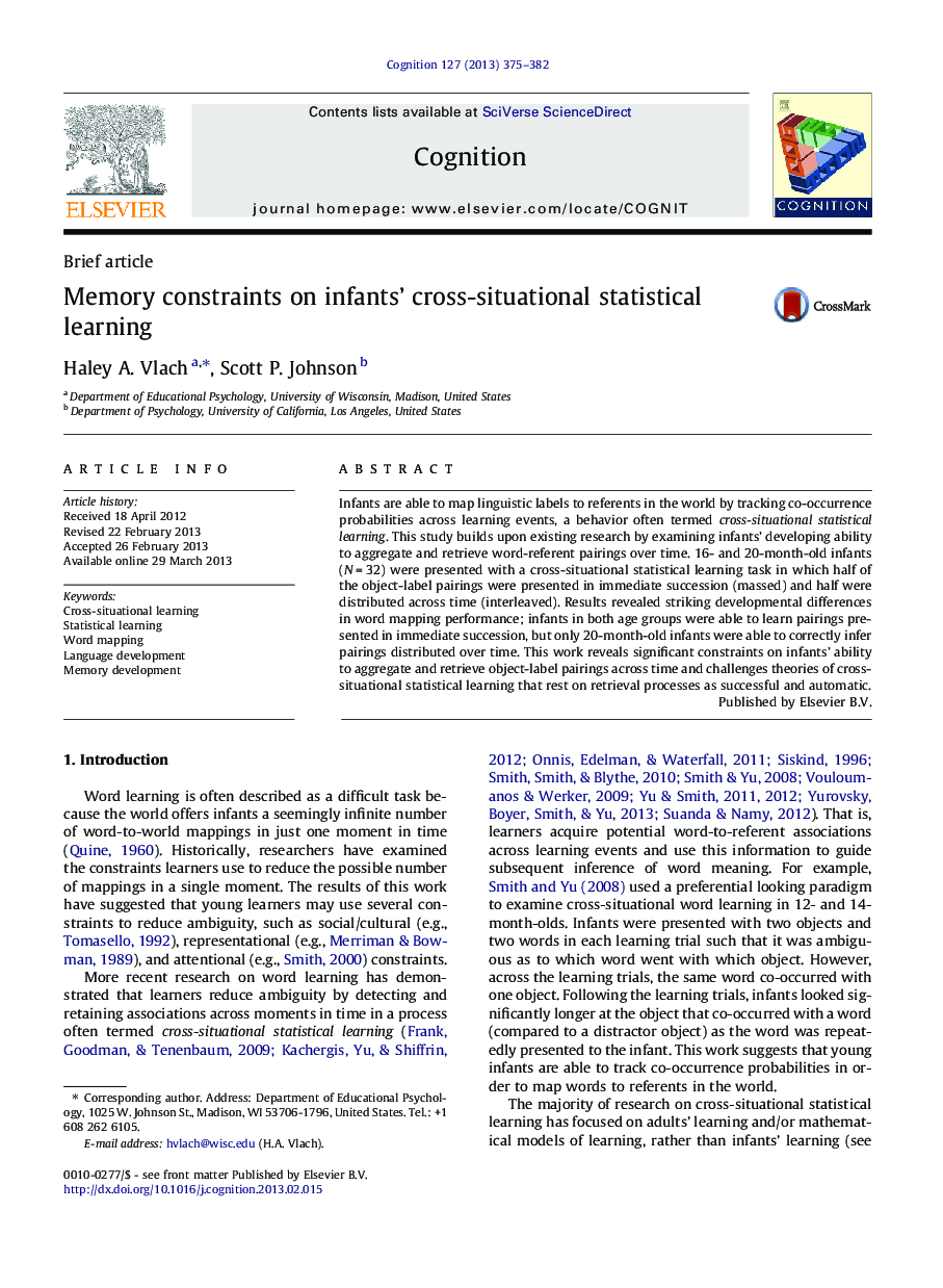 Memory constraints on infants’ cross-situational statistical learning