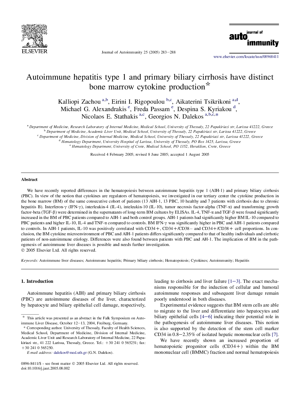 Autoimmune hepatitis type 1 and primary biliary cirrhosis have distinct bone marrow cytokine production