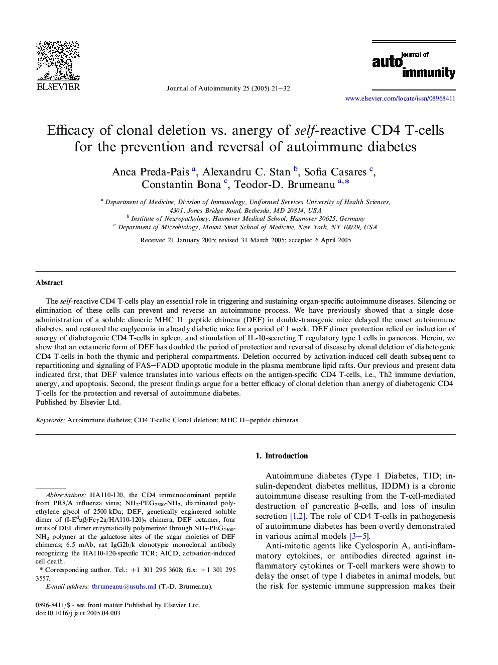 Efficacy of clonal deletion vs. anergy of self-reactive CD4 T-cells for the prevention and reversal of autoimmune diabetes