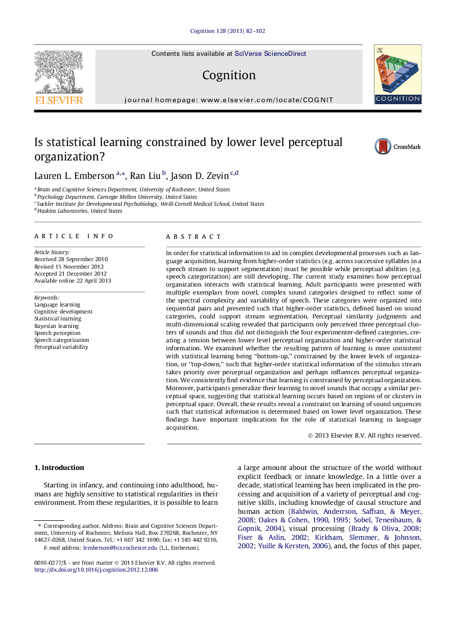 Is statistical learning constrained by lower level perceptual organization?