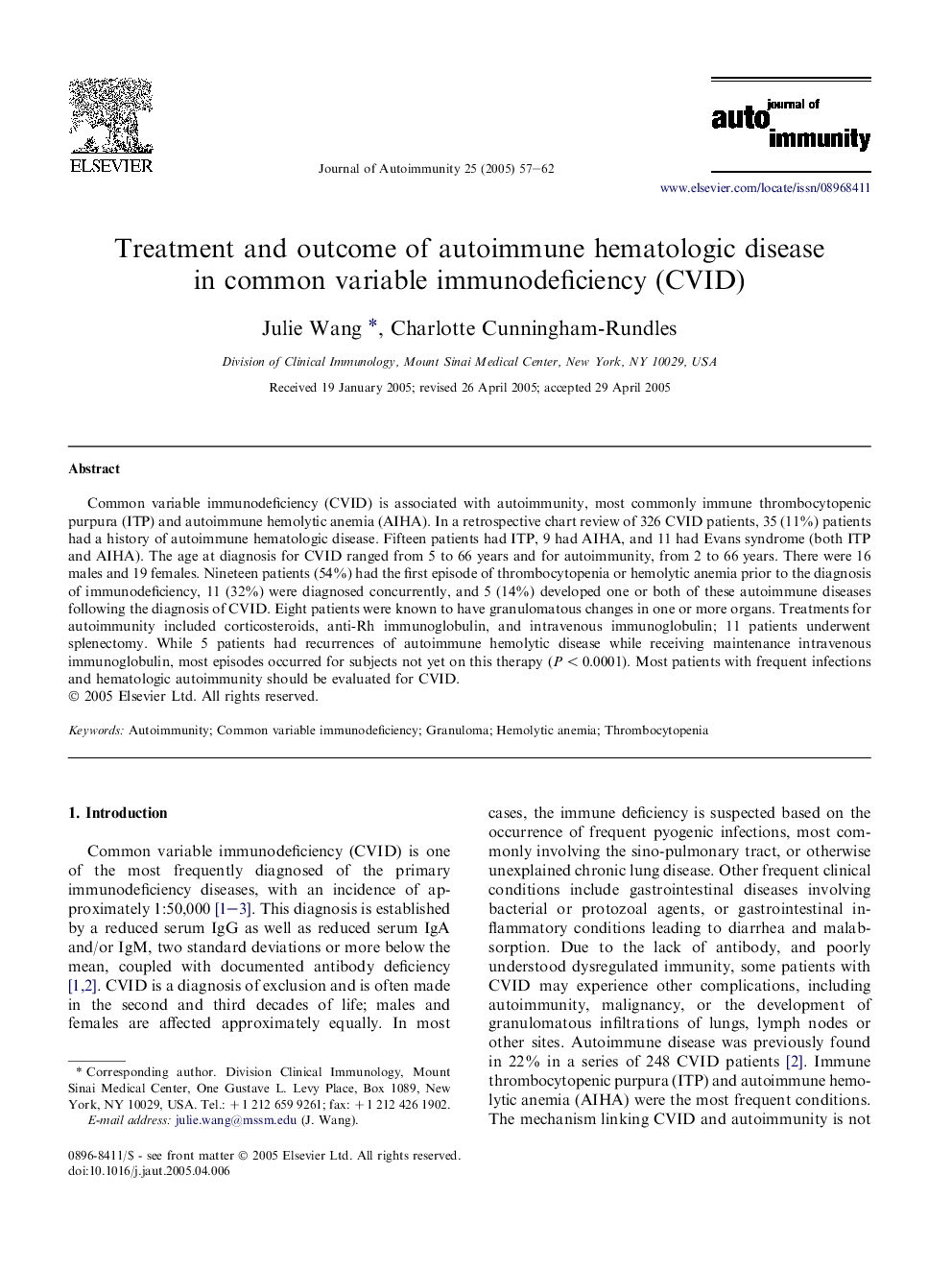 Treatment and outcome of autoimmune hematologic disease in common variable immunodeficiency (CVID)