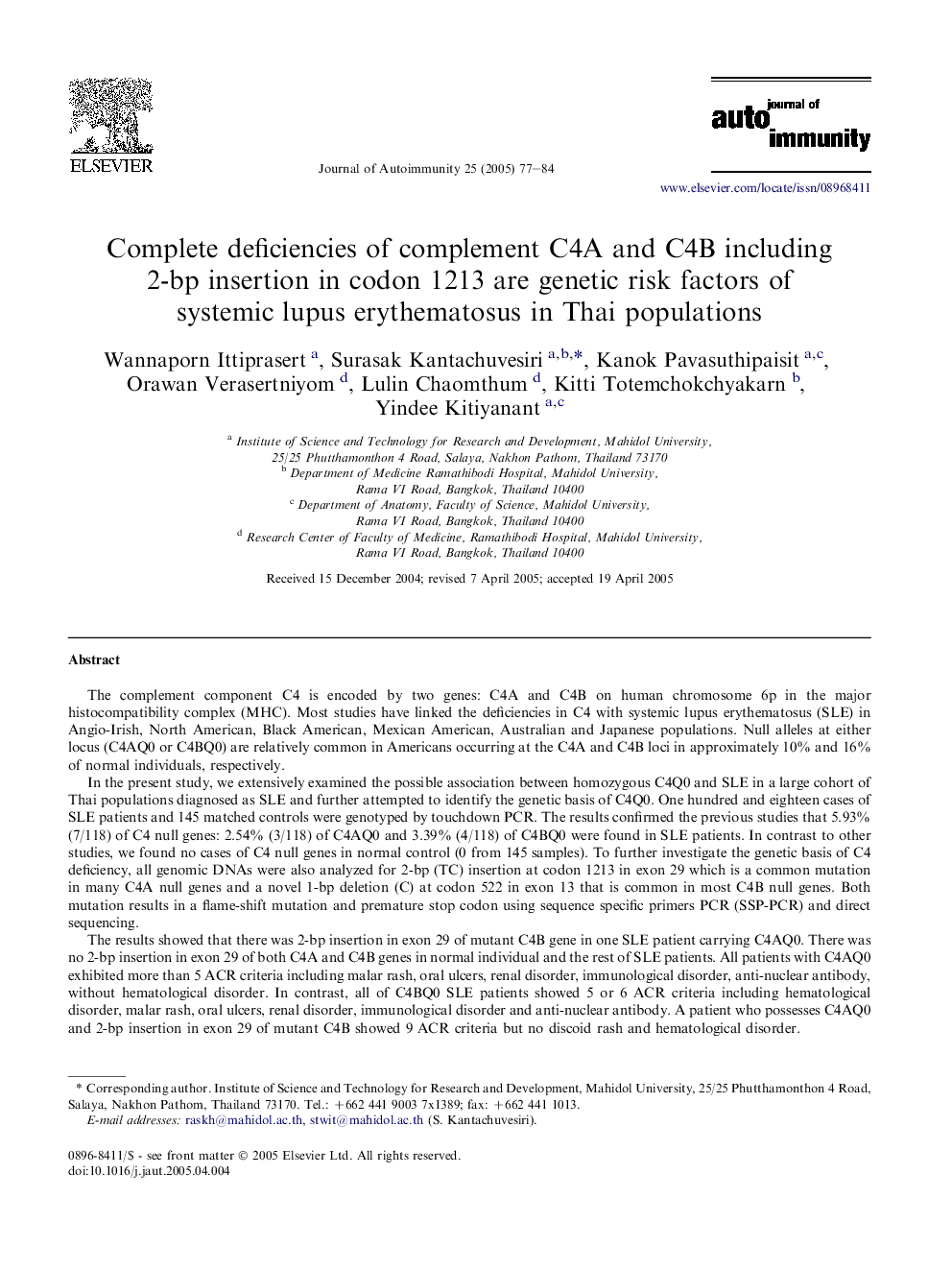 Complete deficiencies of complement C4A and C4B including 2-bp insertion in codon 1213 are genetic risk factors of systemic lupus erythematosus in Thai populations