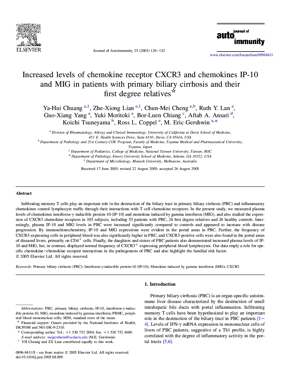 Increased levels of chemokine receptor CXCR3 and chemokines IP-10 and MIG in patients with primary biliary cirrhosis and their first degree relatives