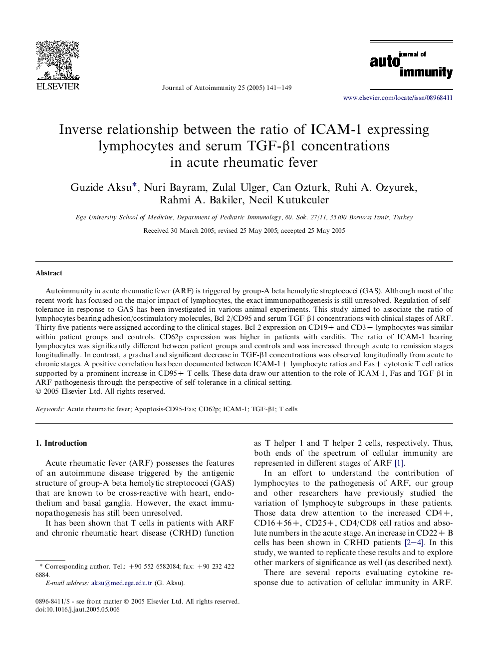 Inverse relationship between the ratio of ICAM-1 expressing lymphocytes and serum TGF-Î²1 concentrations in acute rheumatic fever