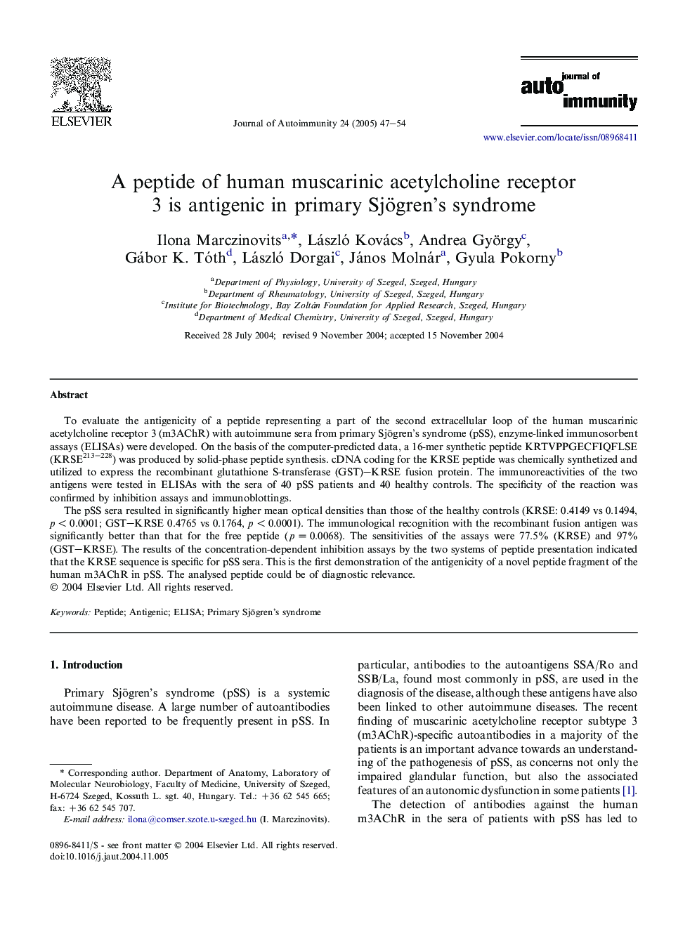 A peptide of human muscarinic acetylcholine receptor 3 is antigenic in primary Sjögren's syndrome