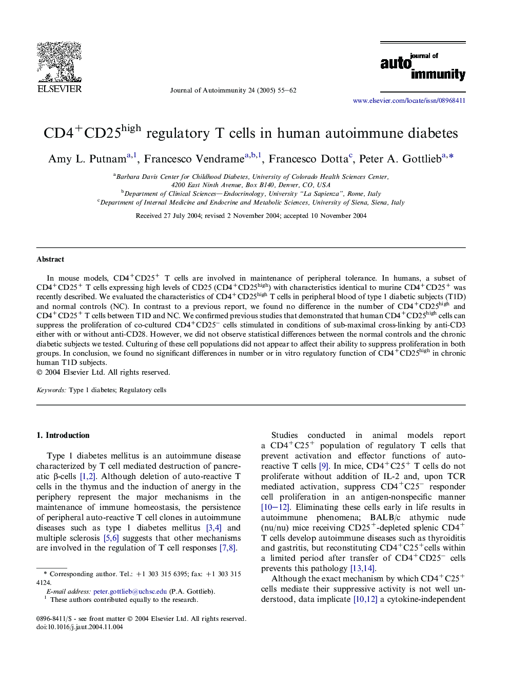 CD4+CD25high regulatory T cells in human autoimmune diabetes