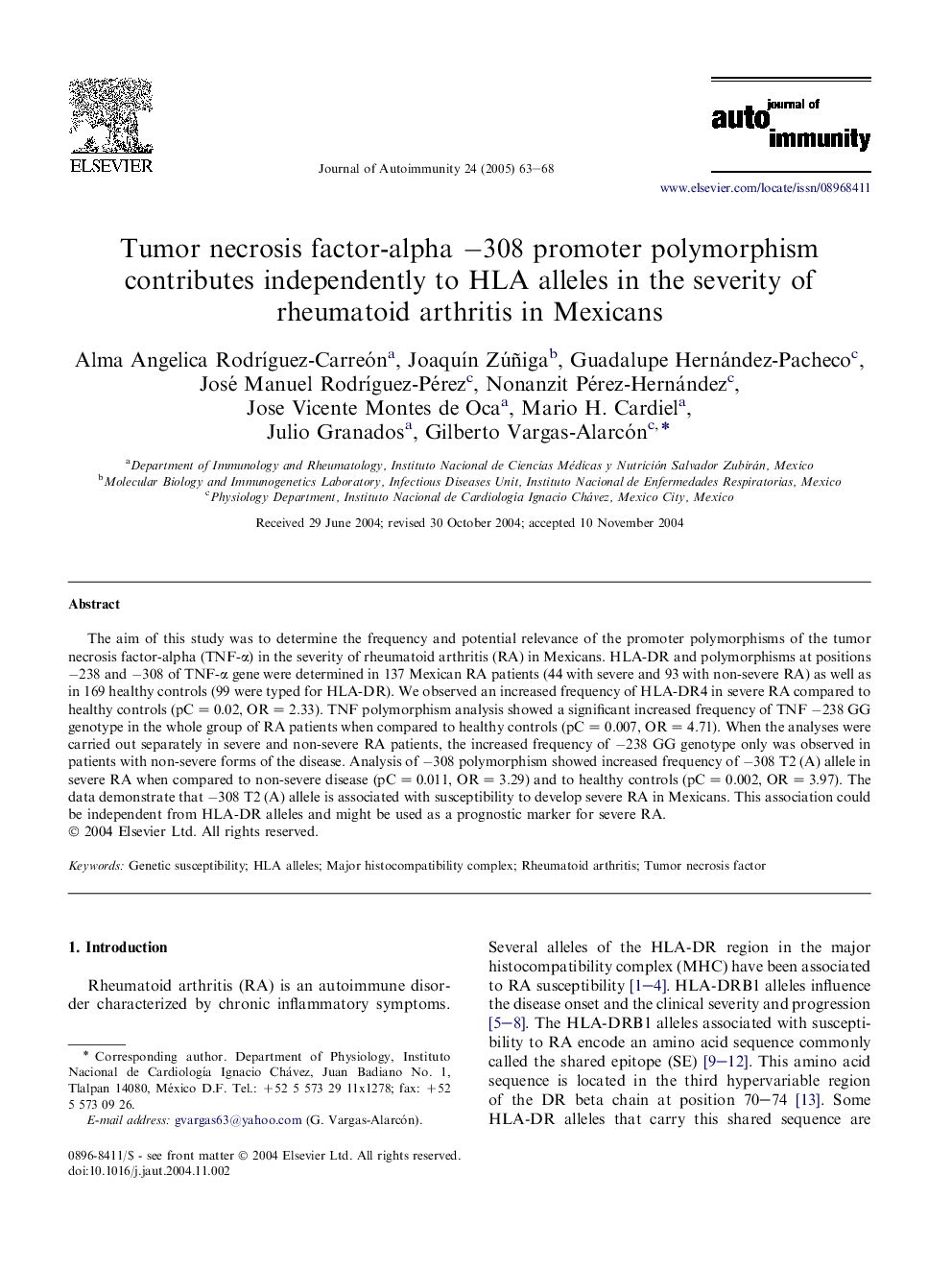 Tumor necrosis factor-alpha â308 promoter polymorphism contributes independently to HLA alleles in the severity of rheumatoid arthritis in Mexicans